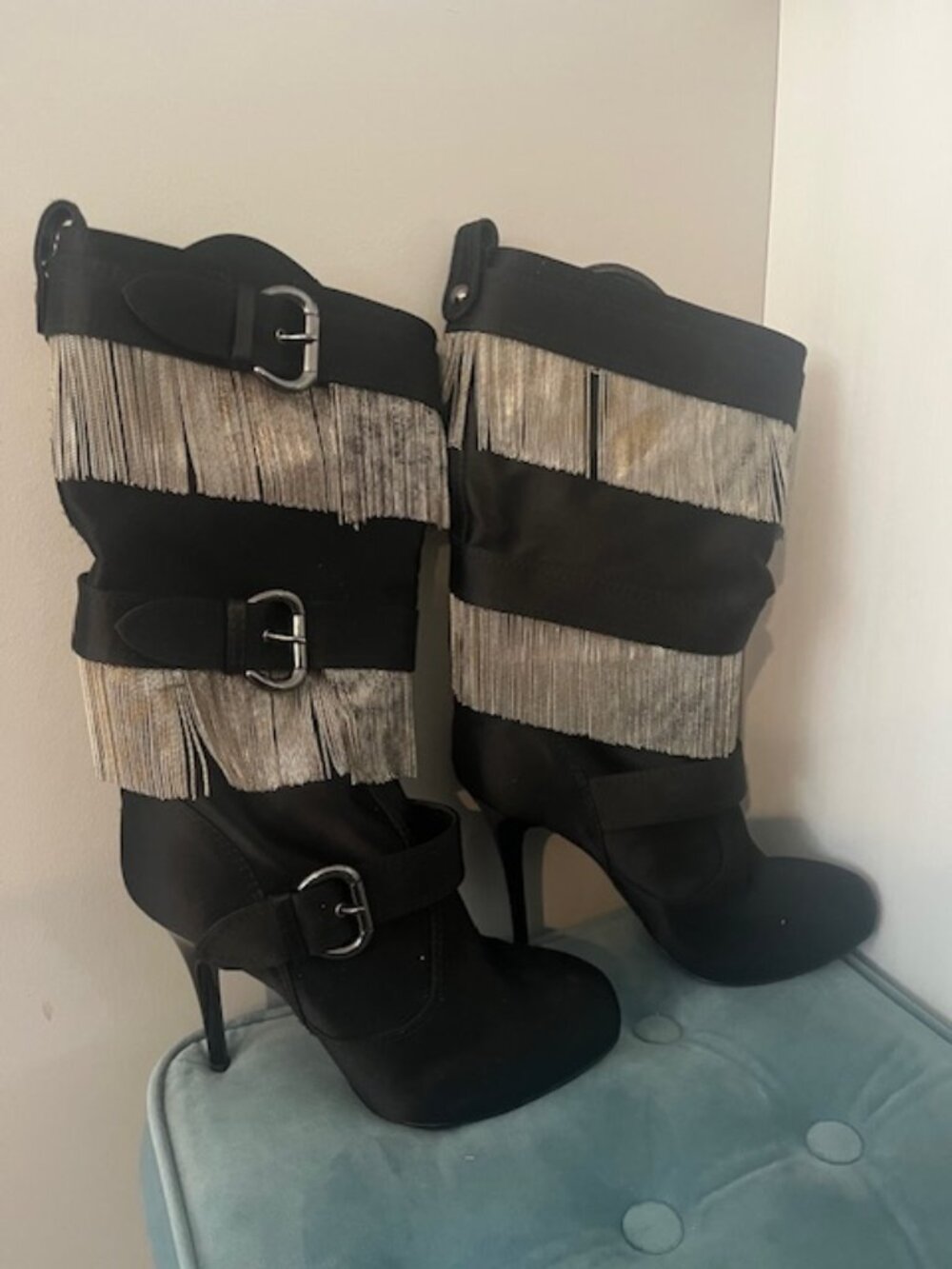 Giuseppe Zanotti Tall Black High Heeled Boot w/Buckles & Metalic Chain Fringe 39